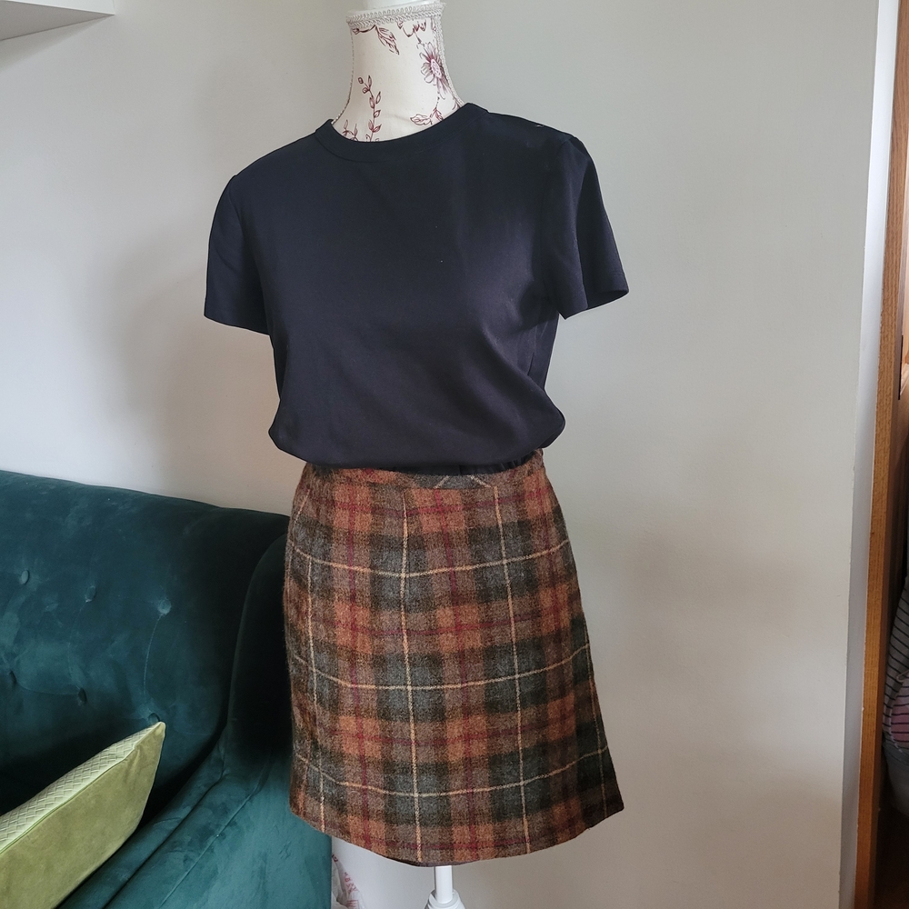 Vintage Eddie Bauer Mini Wool Wrap Pencil Skirt in Brown Plaid